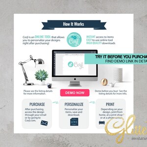 May include: An infographic detailing the process of using Corjl, an online design tool, with the text "How It Works". The image includes a computer screen, a lamp, and a plant, with steps for purchasing, personalising, and printing designs.