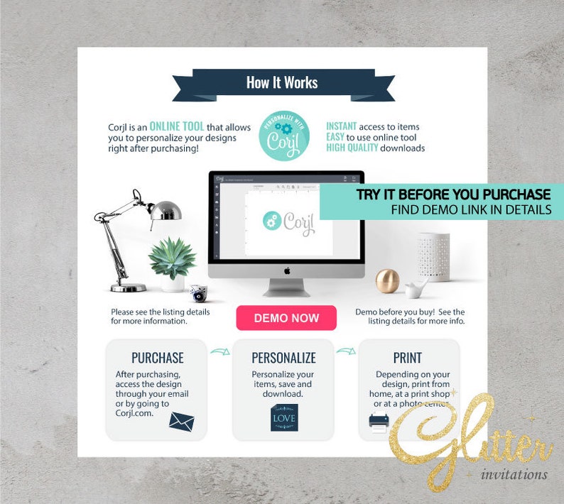 May include: An infographic detailing the process of using Corjl, an online design tool, with the text "How It Works". The image includes a computer screen, a lamp, and a plant, with steps for purchasing, personalising, and printing designs.