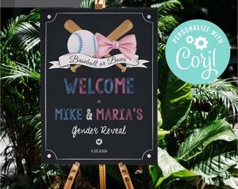 May include: A chalkboard sign with a baseball and a bow, announcing a gender reveal party for Mike & Maria's. The sign says "Baseball or Bows? Welcome to Mike & Maria's Gender Reveal 11.28.2024".