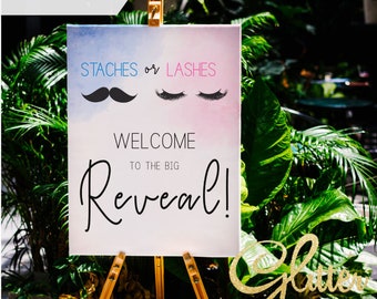 Staches Or Lashes, blue and pink, Gender reveal shower, welcome sign, instant download, printable pdf, cy072