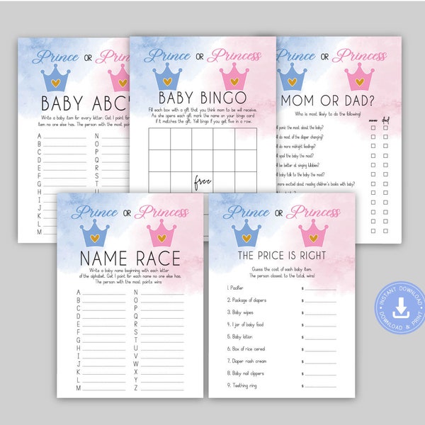 Prince Or Princess Gender Reveal, Royal Gender Reveal, blue and pink, baby bingo, mom vs dad, baby abc, the price is right, baby race, cy110
