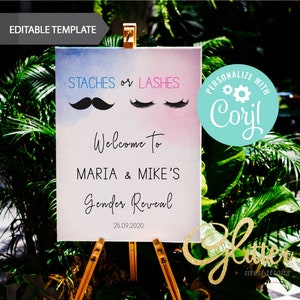EDITABLE Staches Or Lashes, Gender reveal shower, welcome sign, instant download, Printable Baby Shower Welcome Sign, cy072