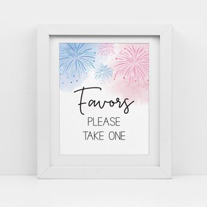 Puede incluir: Un marco blanco con un cartel que dice "Favors Please Take One". El cartel tiene un fondo de acuarela con fuegos artificiales azules y rosas.