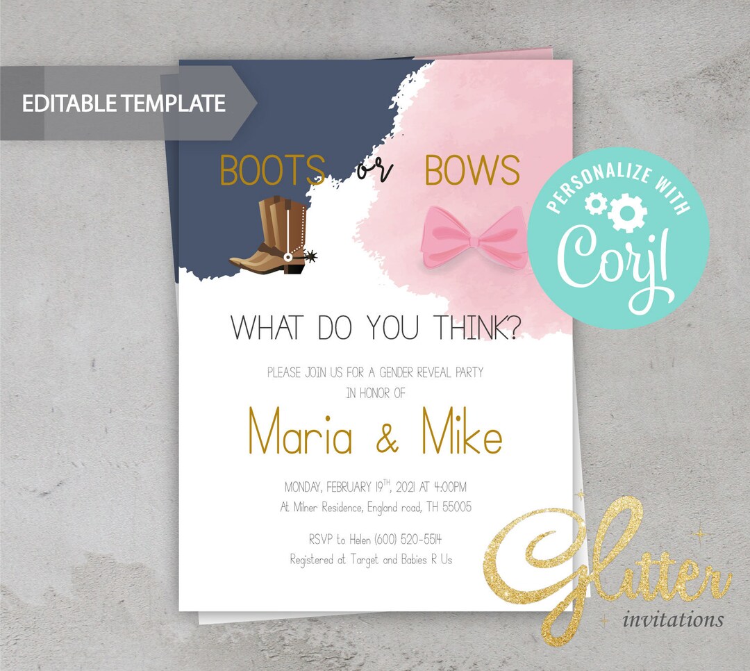 EDITABLE Boots or Bows Gender Reveal Invitation, Navy Blue or Pink ...