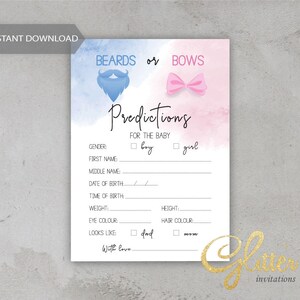 Sexe révélé avec barbe ou noeud, baby shower bleu et rose, carte de prédictions de bébé, pdf imprimable, baby shower garçon ou fille, CY123