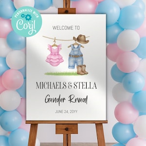 Boots or Bows gender editable welcome sign, Boho western gender reveal, welcome sign, Printable hanging clothes Welcome Sign, CY088