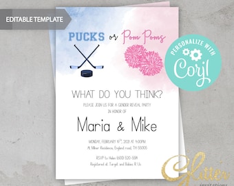 Hockey or Pom Poms Gender Reveal Invitation (Editable PDF)