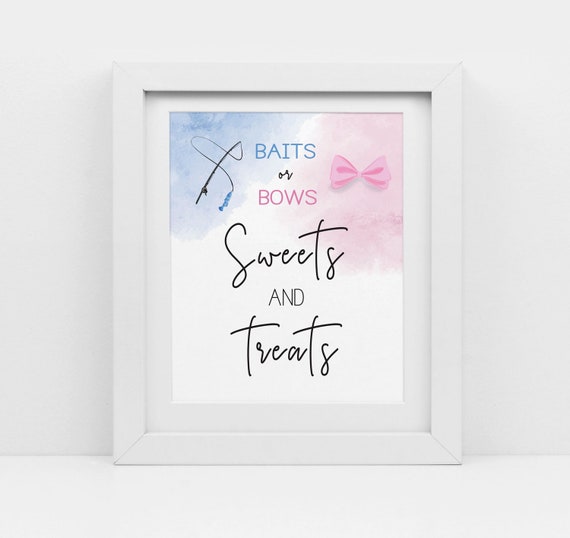 Baits or Bows Gender Reveal, Fishing Theme Baby Shower, Blue and Pink,  Sweets and Treats Sign, Fish He or Fish She, Printable Pdf, Cy119 