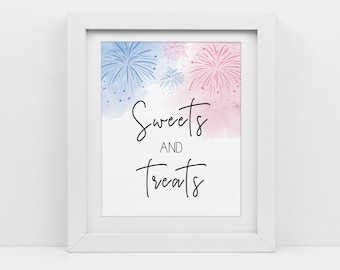 May include: White framed print with the words "Sweets and Treats" in elegant script. The background features watercolor fireworks in shades of blue and pink, creating a festive and celebratory feel.