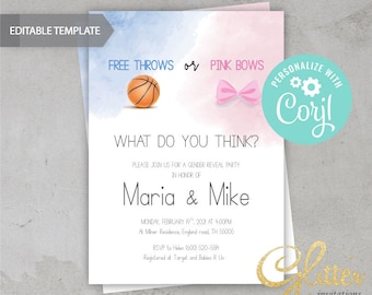 EDITABLE Free Throws or Pink Bows, Gender Reveal, blue and pink invitation, Basketball baby shower, printable pdf, instant download, CY089