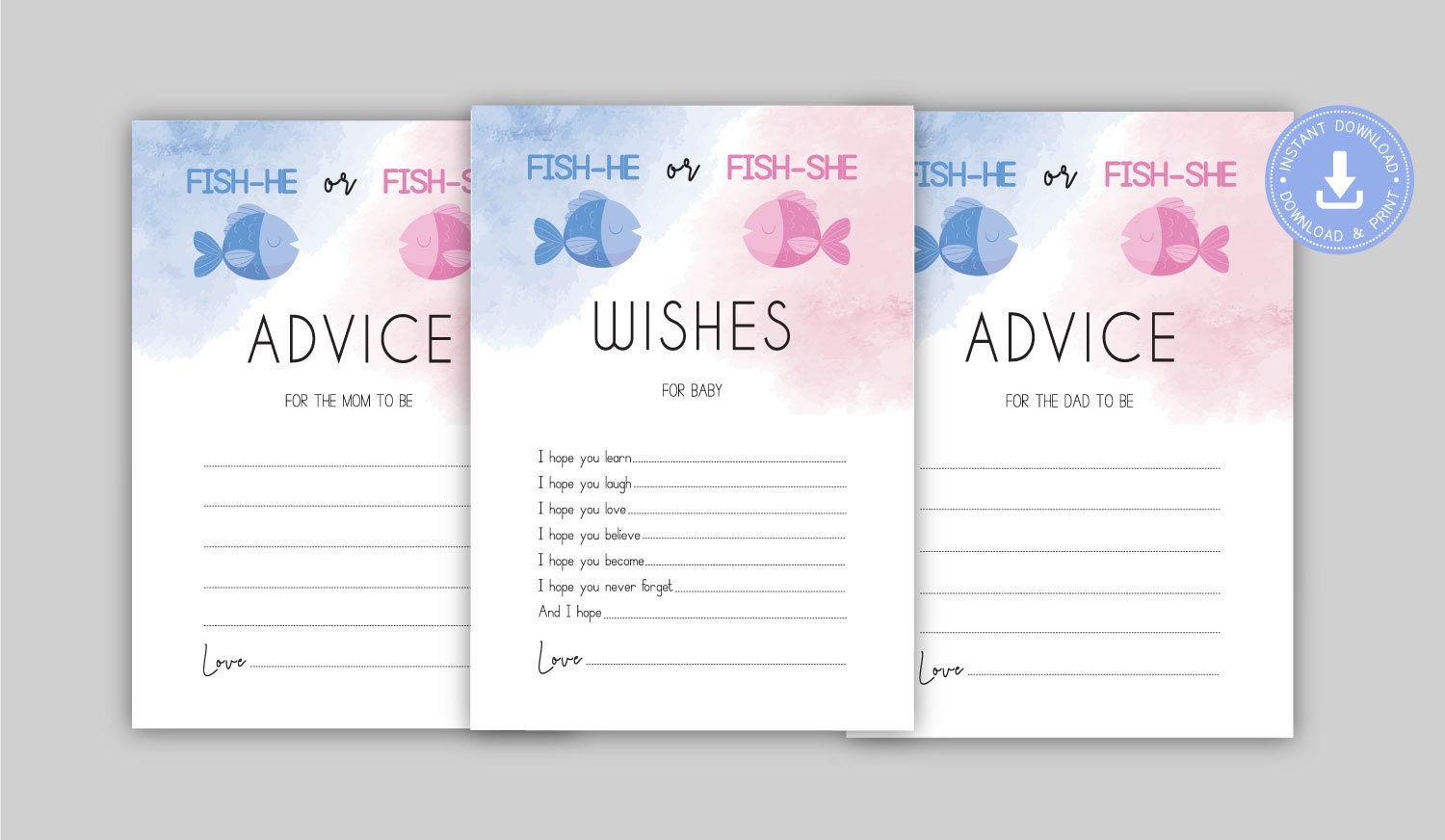 Fishing Theme Gender Reveal, Fish he or Fish she, blue and pink, advice for mom to be, advice for dad to be and wishes for baby, CY102