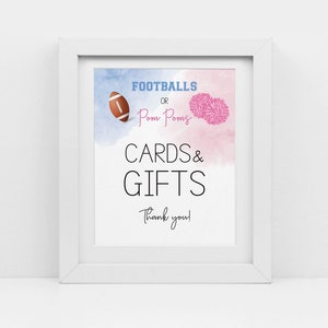 Bolas de futebol ou pompons, revelação de gênero de touchdowns, azul e rosa, sinal de cartões e presentes, revelação de menino ou menina, futebol ou líderes de torcida, cy084