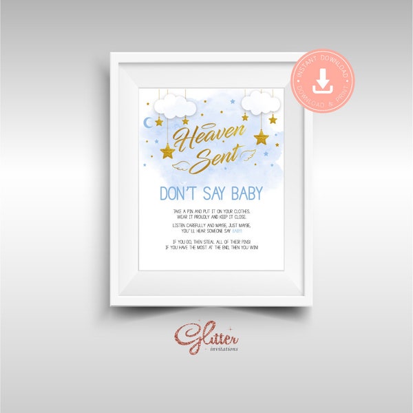 Heaven sent gold, boy Baby Shower, Don't Say Baby, Printable Diaper Pin, Clothes Pin Game, angel wings boy shower, CY052