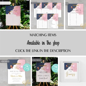 May include: A selection of baby shower party items with a football and tutu theme. The items include signs, invitations, and games with navy blue, pink, and gold accents. Text includes "What do you think?", "Welcome", and "Wear your guess".