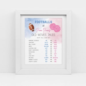 Football Or Pom Poms, Touchdowns Gender Reveal, blue and pink, Old wives tale sign, instant download, printable pdf, cy084