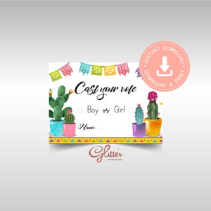 Fiesta Baby Shower, Emite tu voto, Ducha de revelación de género, niño o niña, pdf imprimible, Mexican Taco Bout, Tema cactus, CY071