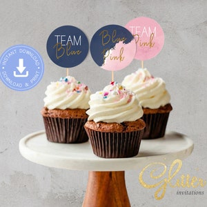 Cupcake Toppers bleu marine et rose blush, téléchargement instantané, PDF imprimable, sexe lui et elle, CY045