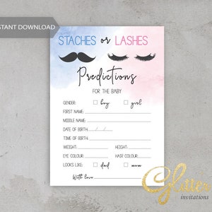 Staches Or Lashes, blau und rosa, Baby Predictions Karte, Instant Download Spiel, Gender Baby Shower, printable pdf, cy072