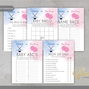 Pucks or Pom Poms, Hockey Gender Reveal, blue and pink, baby bingo, mom vs dad, baby abc, the price is right, baby race, cy111