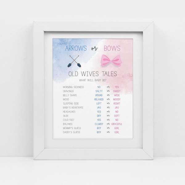 Arrows or bows Gender Reveal, hunting Gender Reveal, blue and pink, Old wives tale sign, instant download, printable pdf, cy108