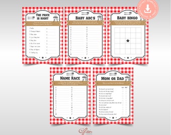 Peut inclure: Cinq cartes de jeu de baby shower imprimables avec un motif vichy rouge et blanc. Les jeux sont : Le prix est juste, Bébé ABC, Bébé Bingo, Course de noms et Maman ou Papa.