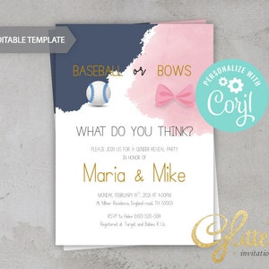 EDITABLE Baseball or Bows, gender reveal invitation, navy blue or pink, printable pdf, instant download, baseball gender, cy083