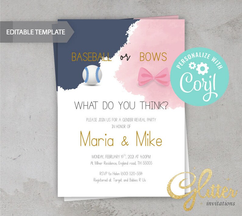 EDITABLE Baseball or Bows Gender Reveal Invitation Navy Blue Etsy