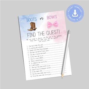 Boots or Bows gender reveal, Find the guest, Games Printable, Instant Download, Game, western boy or girl Baby shower, CY088