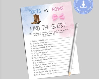 Boots or Bows gender reveal, Find the guest, Games Printable, Instant Download, Game, western boy or girl Baby shower, CY088