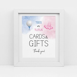 Camisetas o Tutus Revelación de género, azul y rosa, tarjetas y letreros de regalos, revelación de niño o niña, él o ella, golf o ballet, cy103