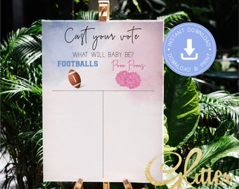 Footballs Or Pom Poms, Touchdowns Gender Reveal, blue or pink, cast your vote sign, instant download, printable pdf, cy084