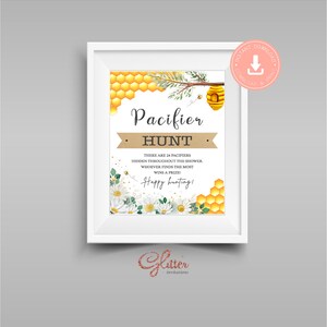 Bee baby shower games, Pacifier hunt sign, printable pdf, gender reveal shower, girl baby shower, boy baby shower, twins baby shower, CY064