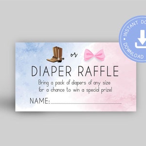 Boots or Bows gender Reveal, diaper raffle ticket, printable pdf, Blue and pink, boy or girl baby shower, CY088