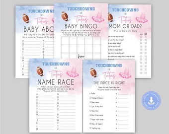 Touchdowns Or Tutus, Gender reveal baby shower, baby bingo, mom vs dad, baby abc, the price is right, baby race, Football or ballet, cy084