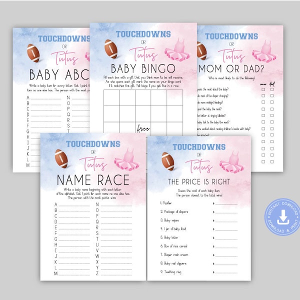 Touchdowns Or Tutus, Gender reveal baby shower, baby bingo, mom vs dad, baby abc, the price is right, baby race, Football or ballet, cy084