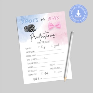 Burnouts or Bows, azul y rosa, Tarjeta de predicciones de bebé, juego de descarga instantánea, baby shower de género, Ruedas o arco, pdf imprimible, cy082