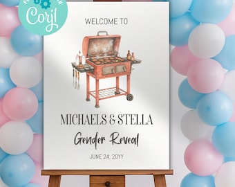 BBQ Baby Shower Welcome Sign: Backyard Gender Reveal (Digital Download, 18x24, 24x36)