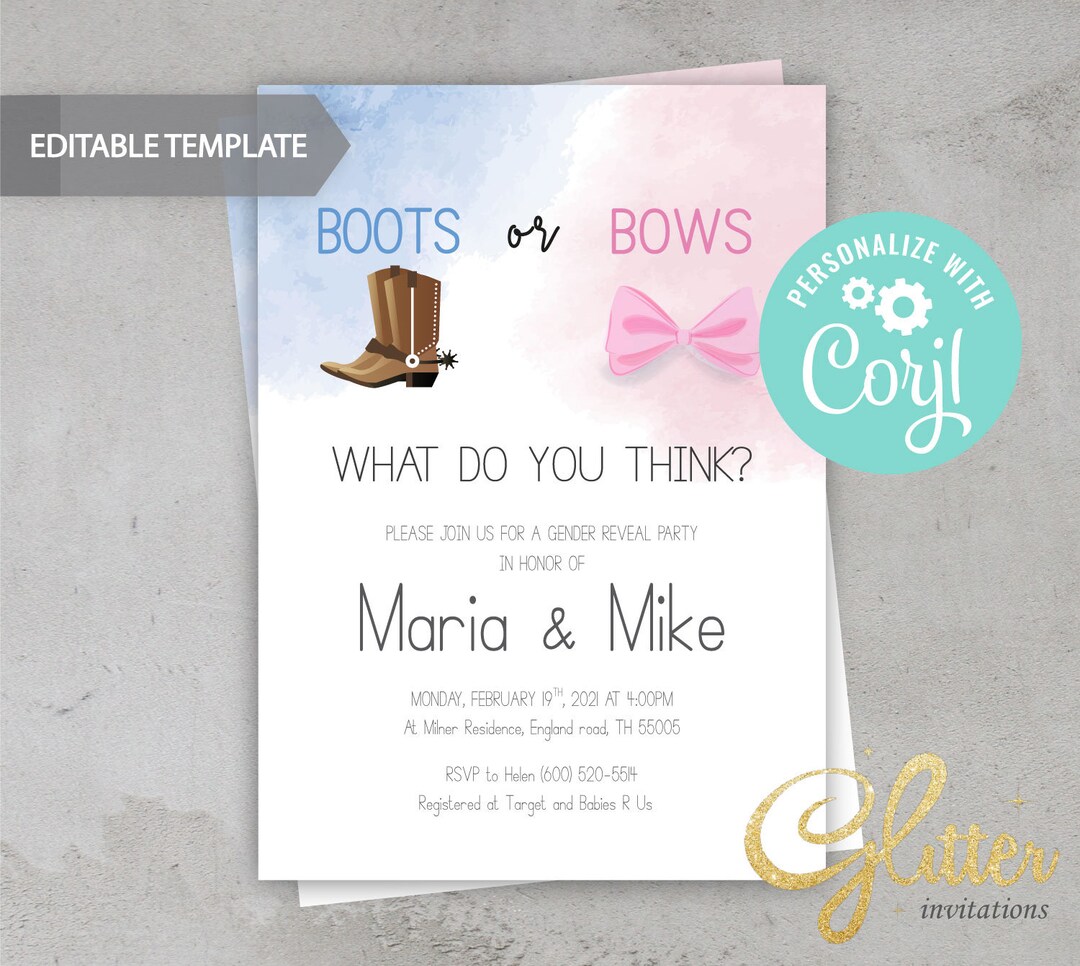 EDITABLE Boots or Bows Gender Reveal Invitation, Blue or Pink ...