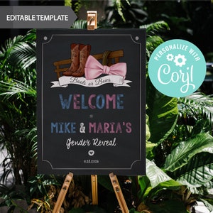 EDITABLE Boots or Bows gender, welcome sign, western gender reveal, instant download, Printable pdf, chalkboard background, CY088