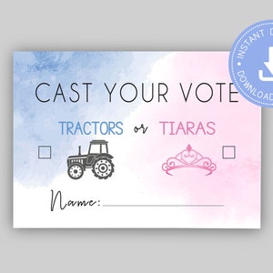 Tractores o Tiaras Gender Reveal, baby shower de granja, Emite tu voto, azul o rosa, descarga instantánea, niño o niña, CY116