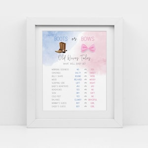 Boots or Bows gender, Old wives tale sign, boy or girl Gender reveal shower, western gender, instant download, printable pdf, CY088