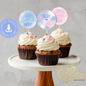 Révélation de sexe de feux d'artifice, Gender Reveal Cupcake Toppers, téléchargement instantané, PDF imprimable, douche de bébé jumeaux, sexe du 4 juillet, CY097