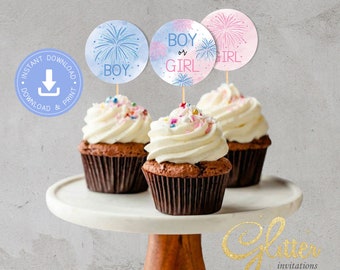 Fireworks gender reveal, Gender Reveal Cupcake Toppers, instant download, printable PDF, twins baby shower, 4th of July gender, CY097