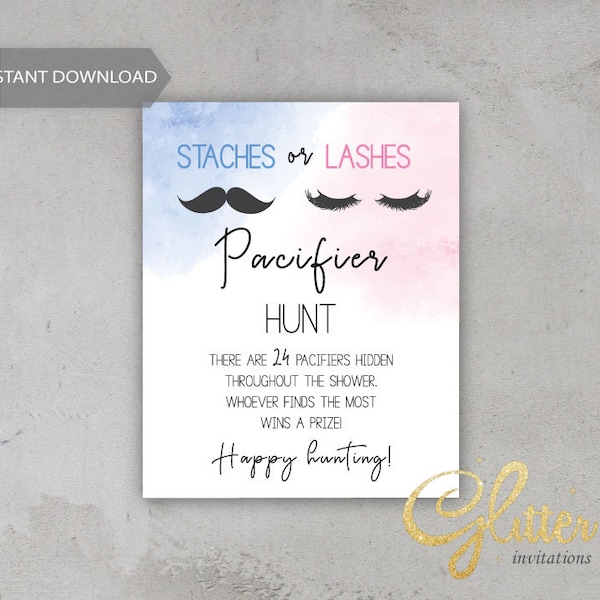 Staches Or Lashes, blue and pink, Pacifier hunt sign, printable pdf, Instant Download, gender reveal shower, CY072