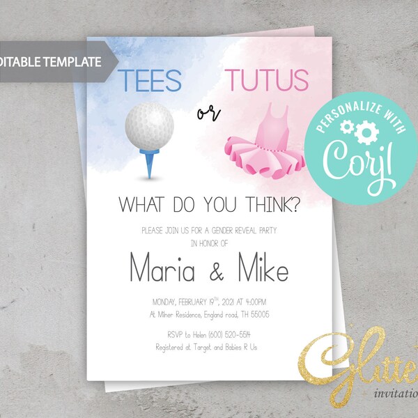 EDITABLE Tees or Tutus gender reveal invitation, blue or pink, printable pdf, instant download, Golf Gender Reveal, CY103