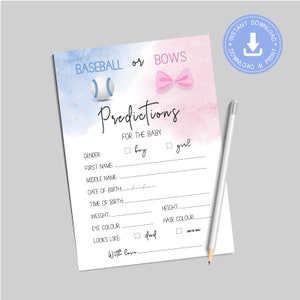 Béisbol o Lazos, azul y rosa, Tarjeta de Predicciones de Bebé, Juego de Descarga Instantánea, baby shower de género, pdf imprimible, cy083