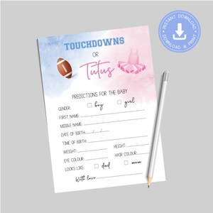 Touchdowns ou Tutus, carte de prédictions de bébé, jeu de téléchargement instantané, baby shower de genre, pdf imprimable, Football ou ballet, cy084