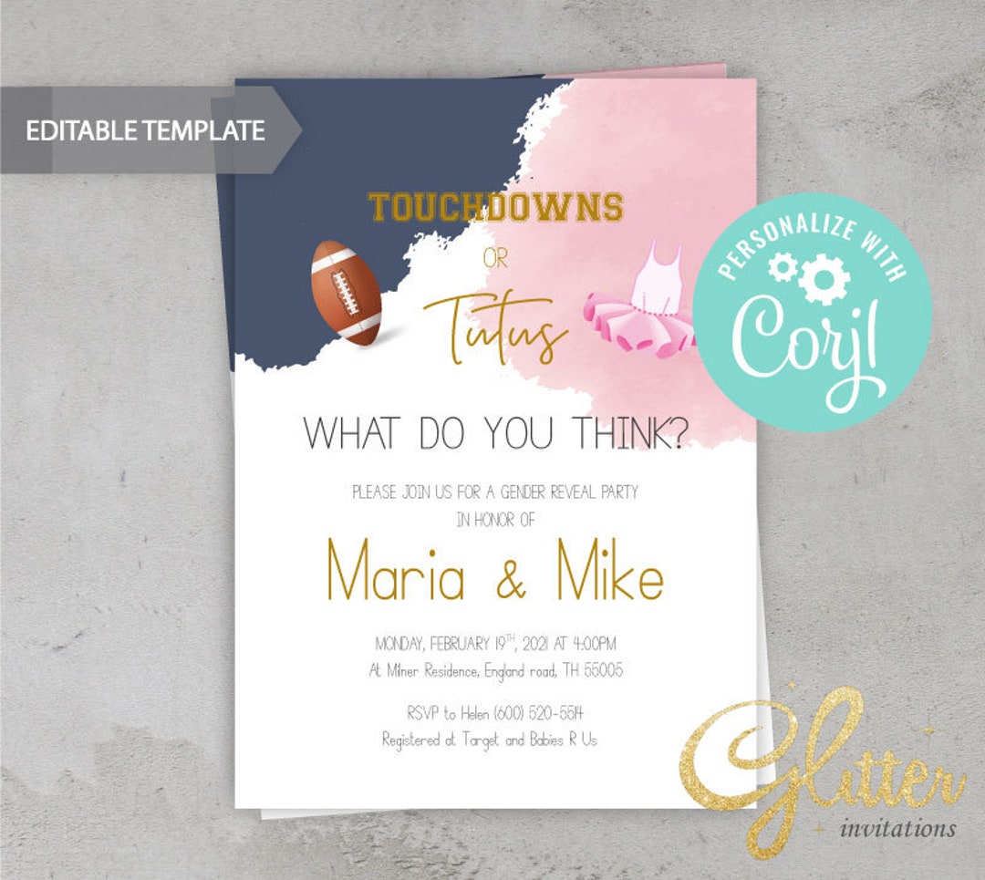 EDITABLE Touchdowns or Tutus Gender Reveal Invitation, Navy Blue or Pink, Printable Pdf, Instant ...