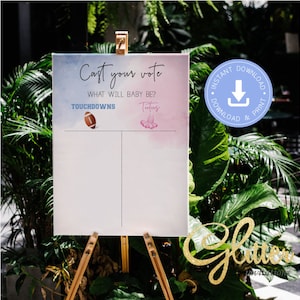 Könnte beinhalten: Ein weißes Schild auf einer Holzstaffelei mit dem Text "Cast your vote" und "What will baby be?" Das Schild hat eine Football- und eine Tutu-Grafik. Das Schild ist für eine Babyparty oder eine Gender-Reveal-Party.