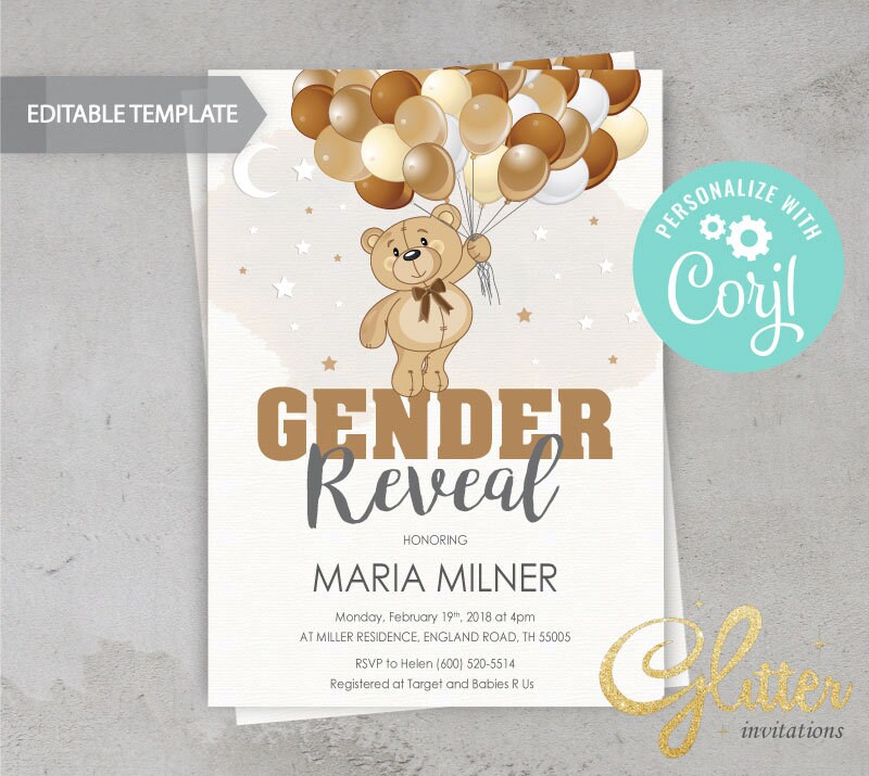 EDITABLE Teddy Bear Brown Balloons Gender Reveal Shower Etsy Singapore
